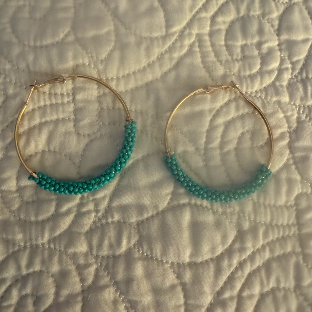 Large Turquoise Beaded Gold Tone Hoops 15$